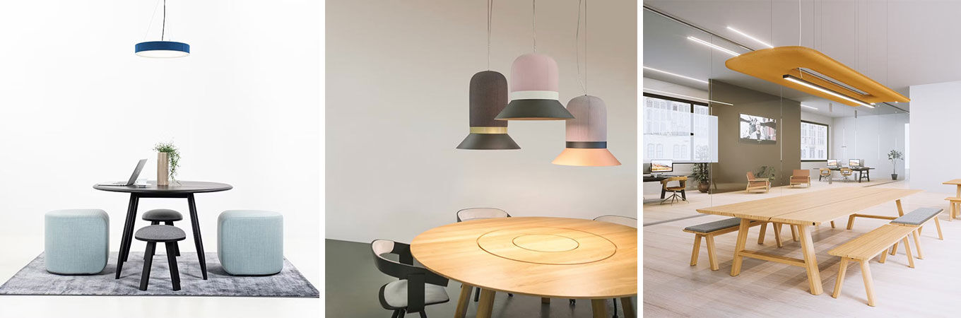 Drei moderne Tischarrangements mit stilvollen Hockern und Pendelleuchten, ideal für ergonomische Büro- oder Wohnräume.