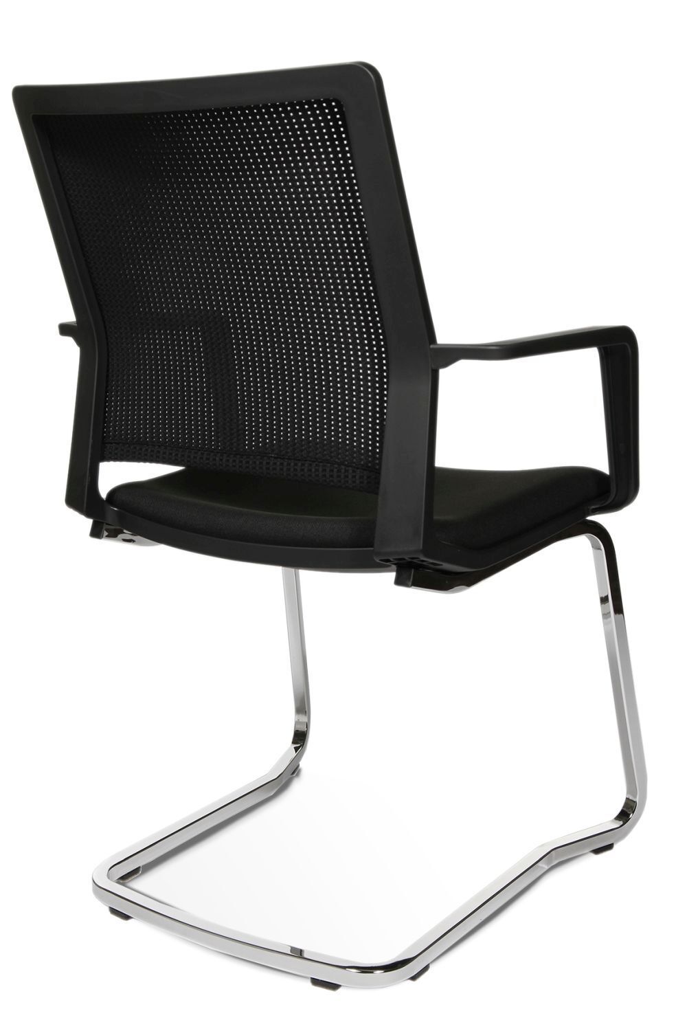 Ergonomischer Bürostuhl mit schwarzem Netzrücken und silbernem Freischwingergestell, ideal für gesundes Sitzen.