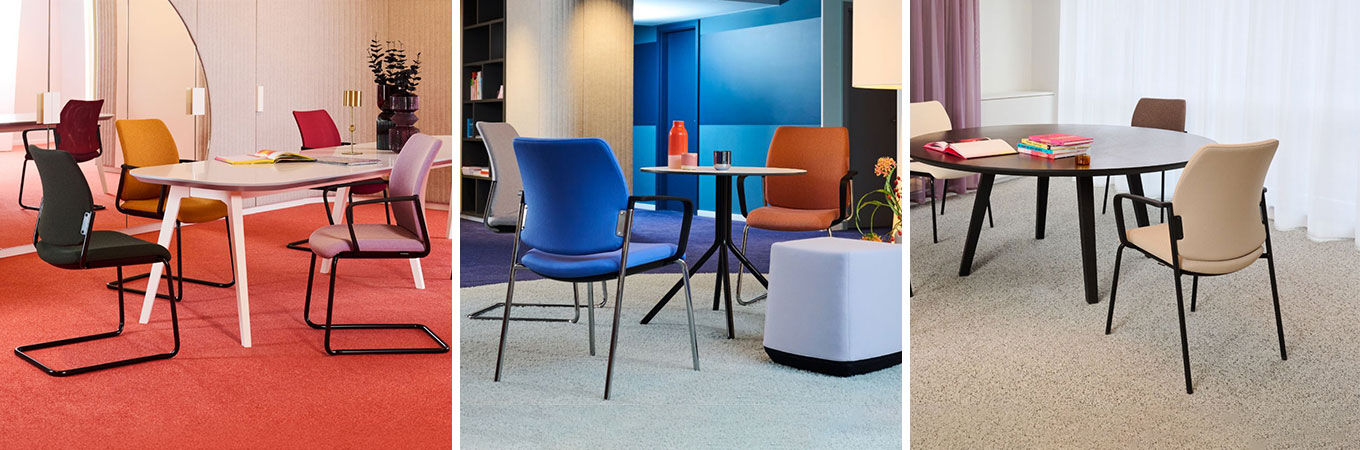Drei verschiedene Bürosettings mit ergonomischen Stühlen und runden Tischen in modernen, farbenfrohen Umgebungen.