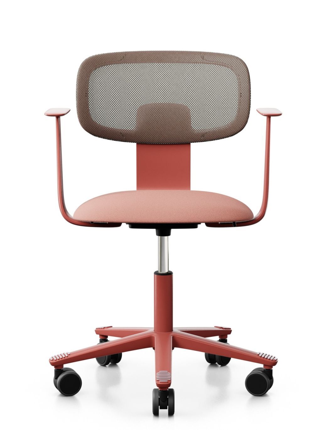 Ergonomischer Bürostuhl in Korallenrot, mit Netzrückenlehne und fünf Rollen für dynamisches Sitzen.