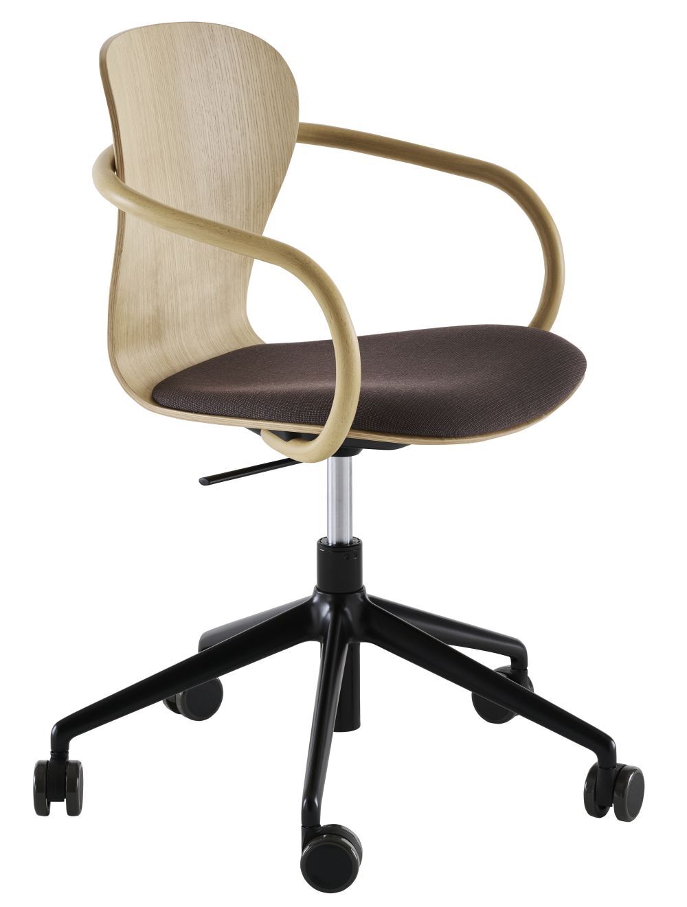 Ergonomischer Bürostuhl mit Holzlehne und Polstersitz, auf schwarzem Rollfußkreuz, ideal für gesundes Arbeiten.