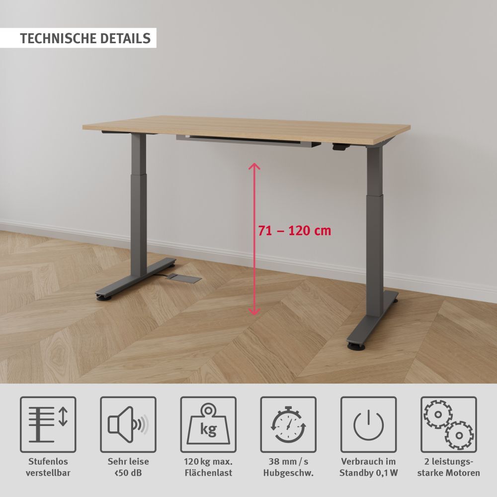 Höhenverstellbarer Schreibtisch mit Holzplatte, stufenlos verstellbar von 71 bis 120 cm, technische Details unten.