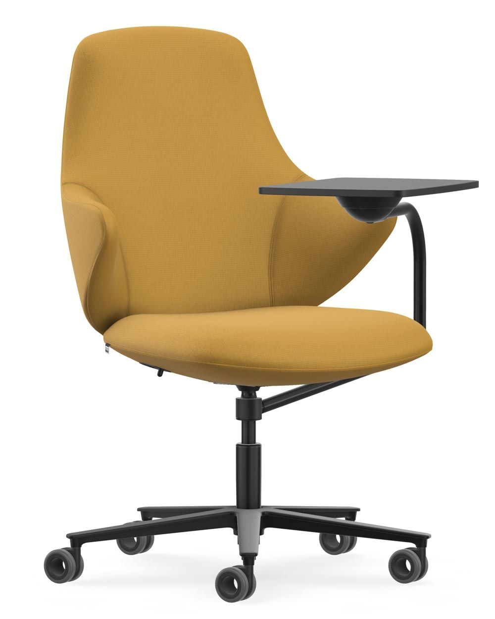 Ergonomischer gelber Bürostuhl mit Armlehne und schwarzem Drehgestell auf Rädern, ideal für dynamisches Sitzen.