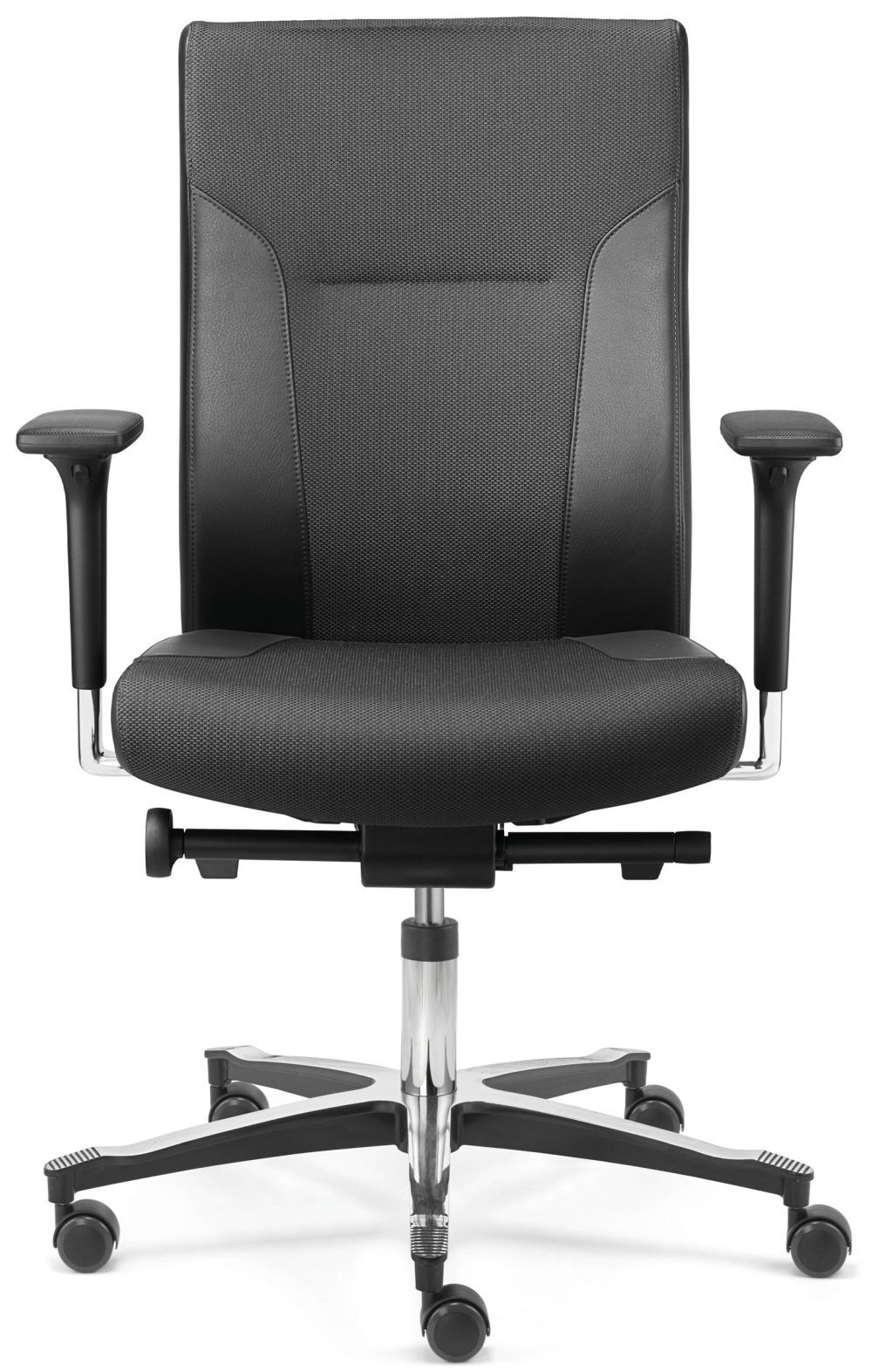 Ergonomischer Bürostuhl in Schwarz mit verstellbaren Armlehnen und Rollen für dynamisches Sitzen am Arbeitsplatz.