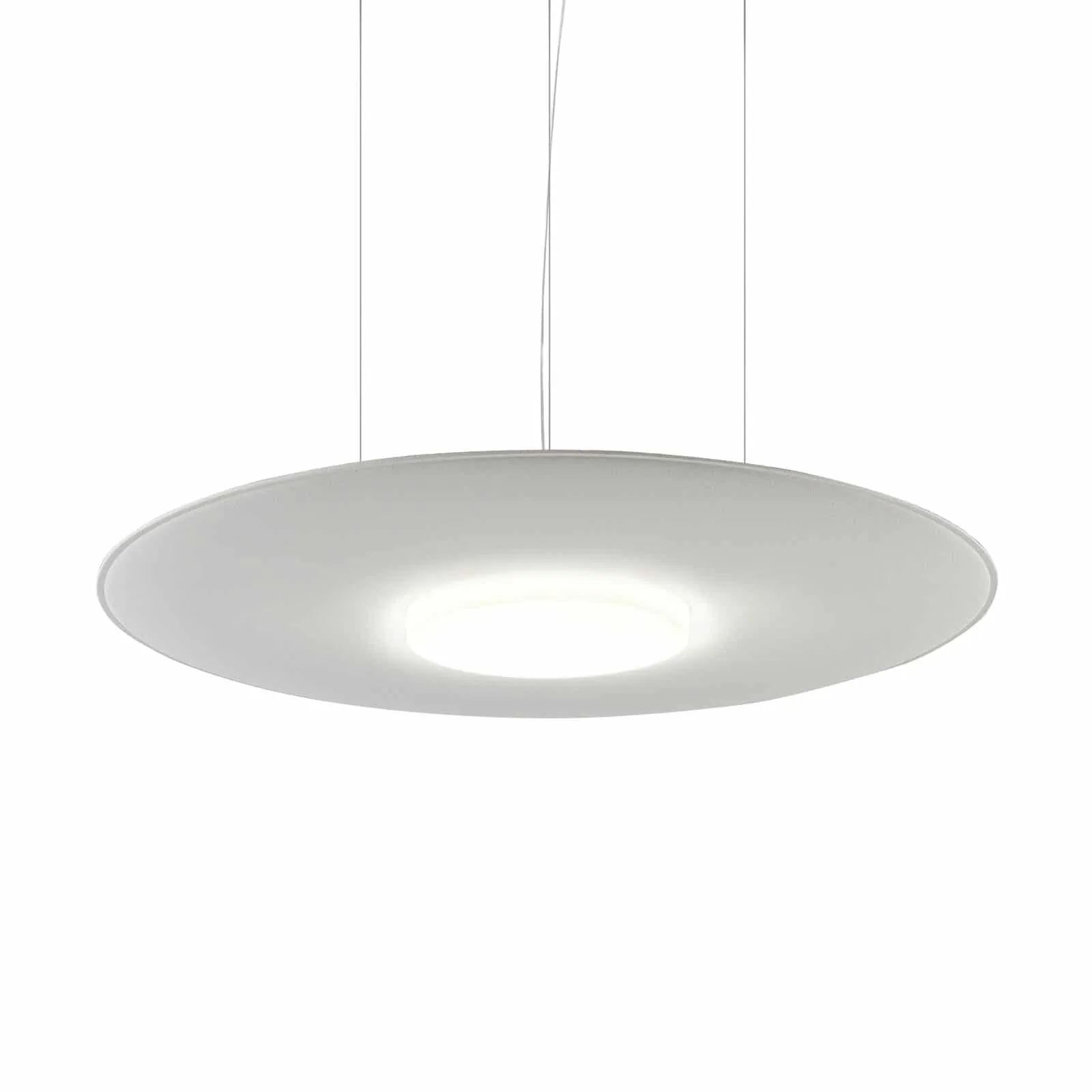 Moderne weiße Hängeleuchte mit rundem Design und zentraler LED-Lichtquelle, elegant und minimalistisch.
