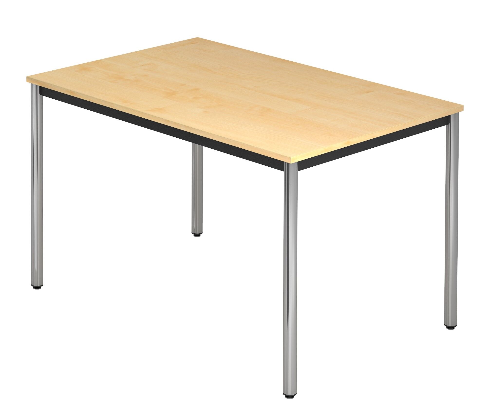 Rechteckiger Tisch mit hellbrauner Holzplatte und vier silbernen Metallbeinen, ideal für Büros.