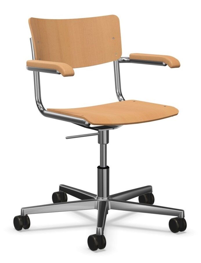 Ergonomischer Drehstuhl aus Holz mit verstellbarer Höhe und Armlehnen auf einem Metallfuß mit Rollen.