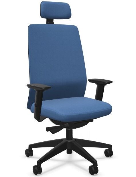 Ergonomischer Bürostuhl in Blau mit Kopfstütze und verstellbaren Armlehnen für gesundes, dynamisches Sitzen.