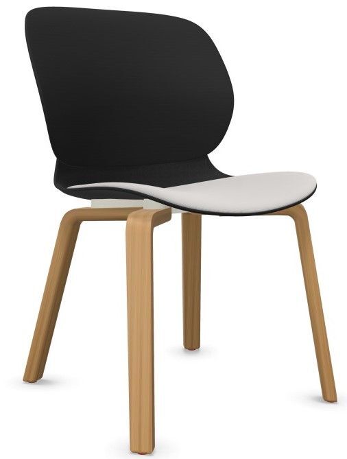 Moderner ergonomischer Stuhl mit schwarzer Rückenlehne, weißem Sitz und Holzbeinen für dynamisches Sitzen.