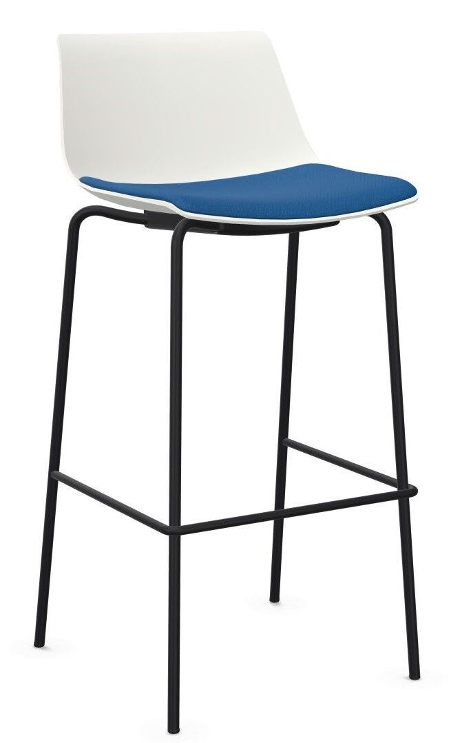 Moderner Barhocker mit weißer Rückenlehne, blauer Sitzfläche und schwarzen Metallbeinen für ergonomisches Sitzen.