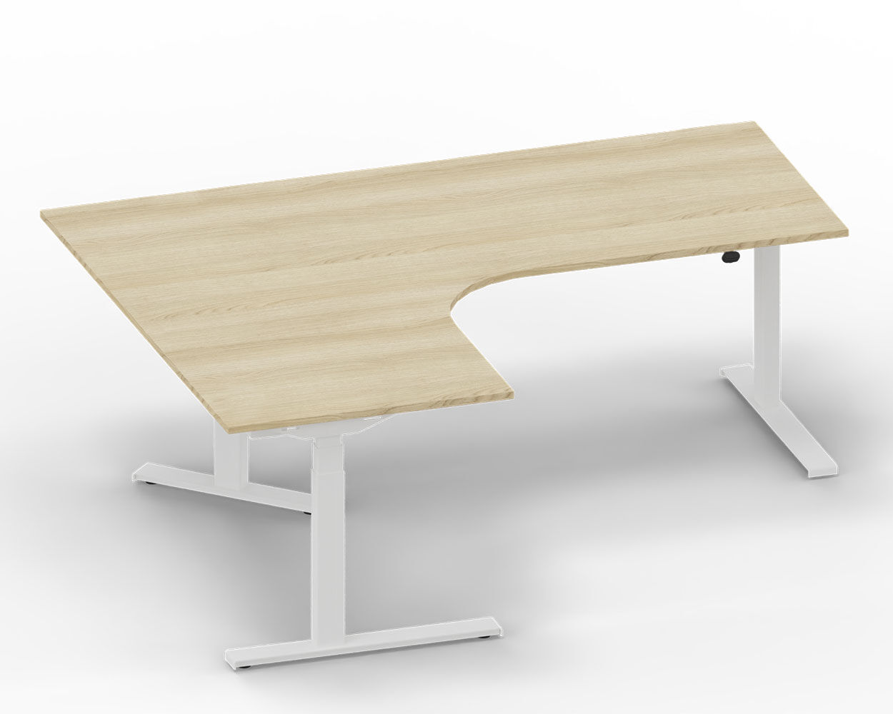 Ergonomischer Schreibtisch mit hellem Holzfurnier, höhenverstellbar, mit weißem Metallgestell und abgerundeter Aussparung.