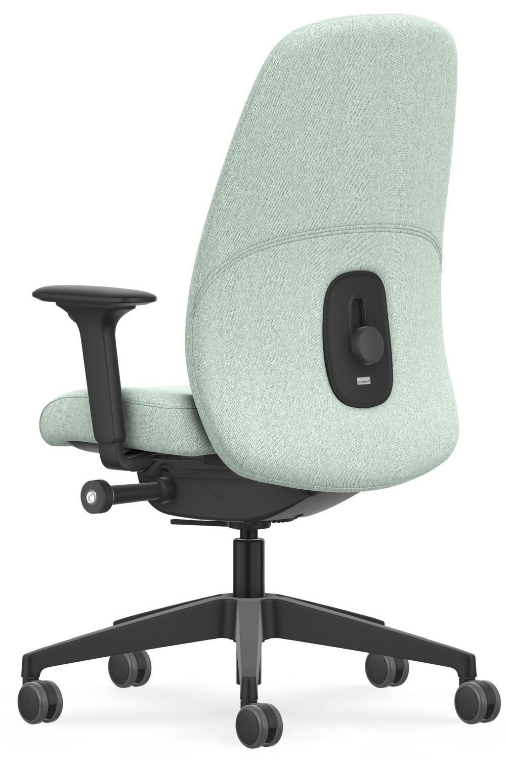 Ergonomischer Bürostuhl mit hellgrünem Stoffbezug, verstellbaren Armlehnen und schwarzem Fußkreuz auf Rollen.