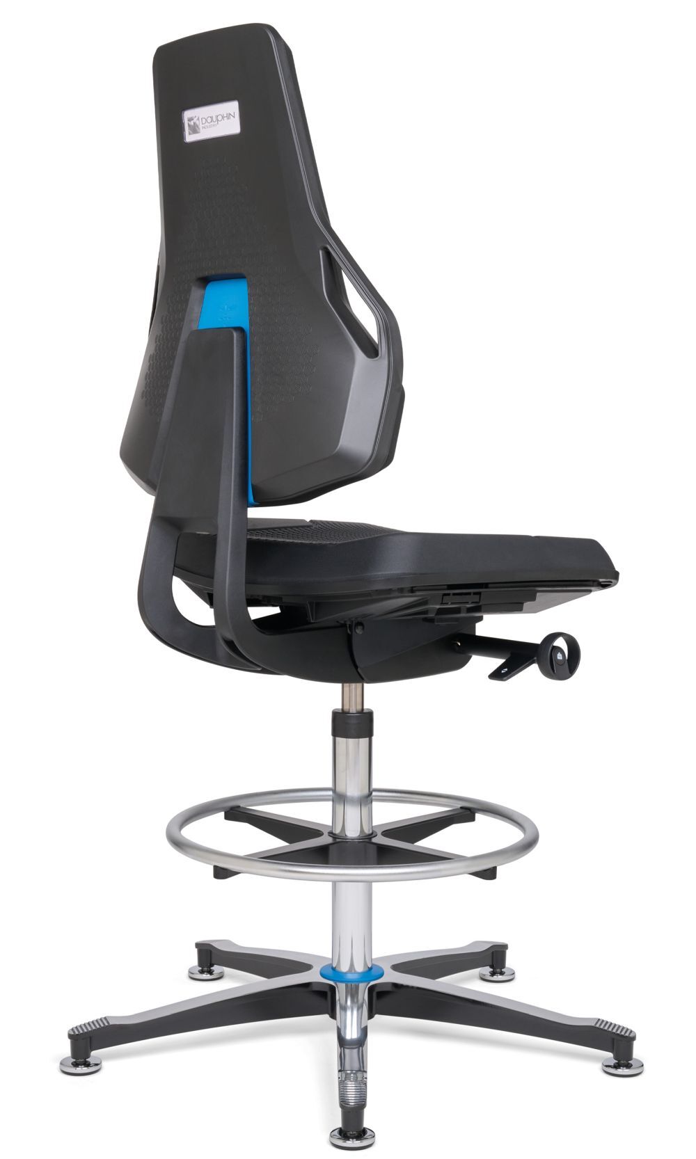 Ergonomischer Bürostuhl mit hoher Rückenlehne, verstellbaren Funktionen und modernem Design auf stabilem Drehfuß.