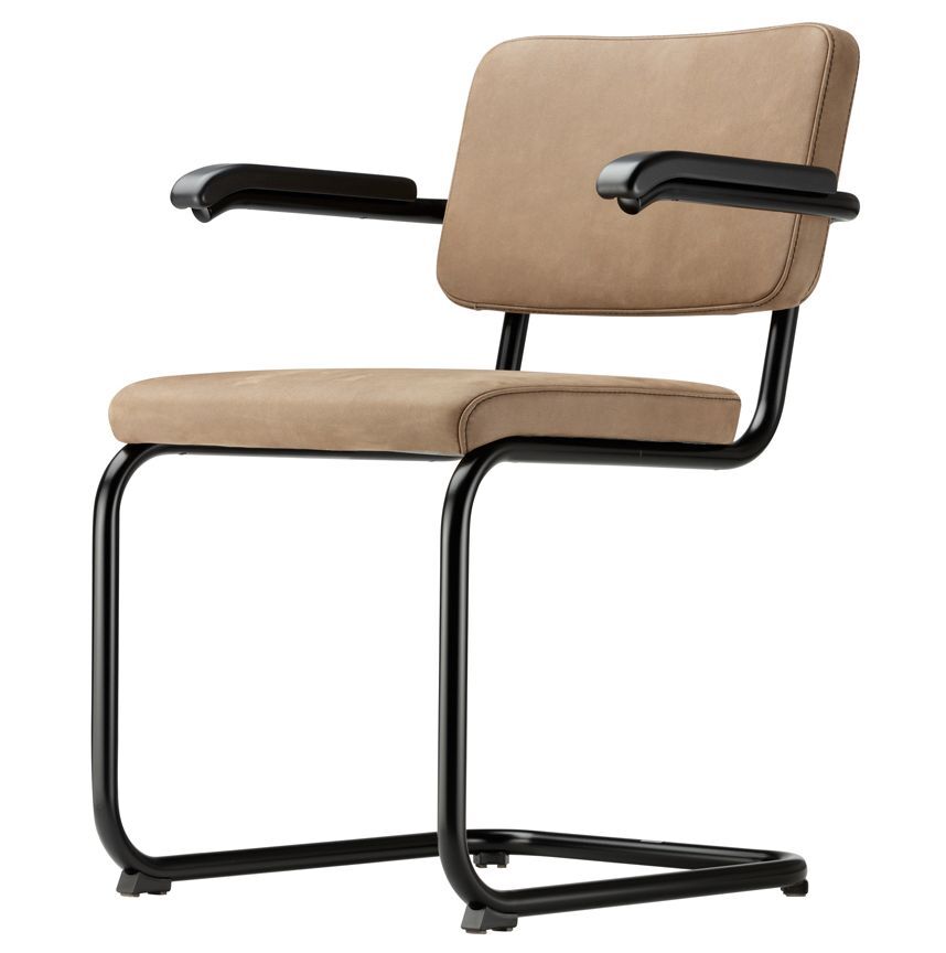 Moderner Freischwinger-Stuhl mit schwarzem Gestell und beiger Polsterung für ergonomischen Sitzkomfort.