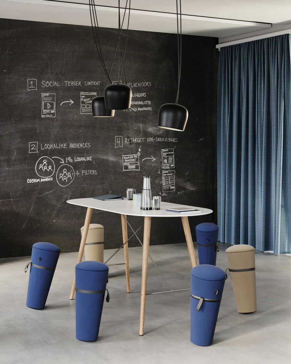 Moderner Besprechungsraum mit ergonomischen Hockern um einen schlichten Tisch, vor einer beschrifteten Tafelwand.