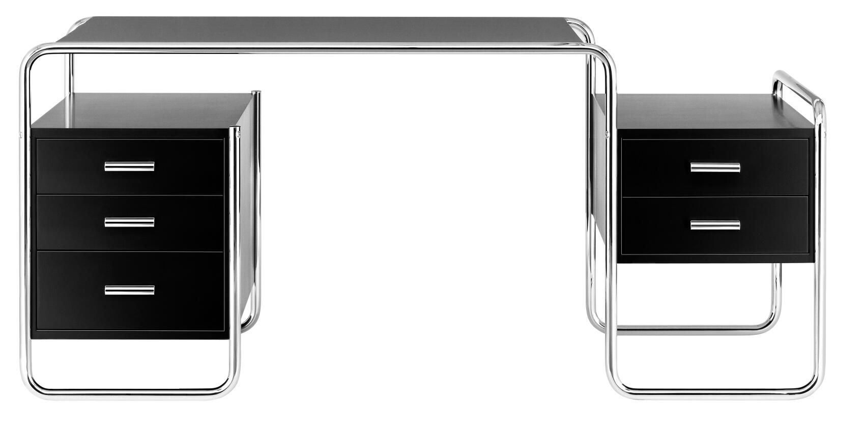 Moderner Schreibtisch mit schwarzer Oberfläche und zwei integrierten Schubladenblöcken mit verchromtem Gestell.