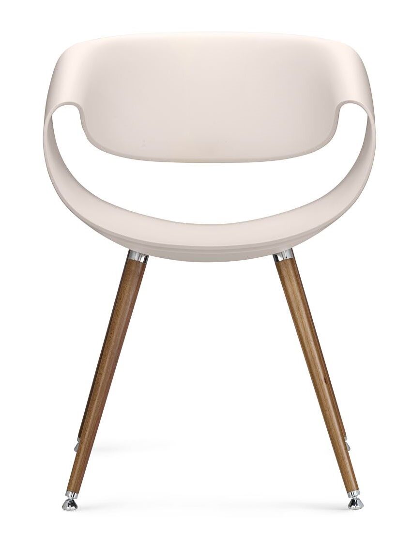 Modernes Stuhl-Design mit gebogenem Kunststoffsitz und hölzernen Beinen, passend für ergonomische Büroeinrichtungen.