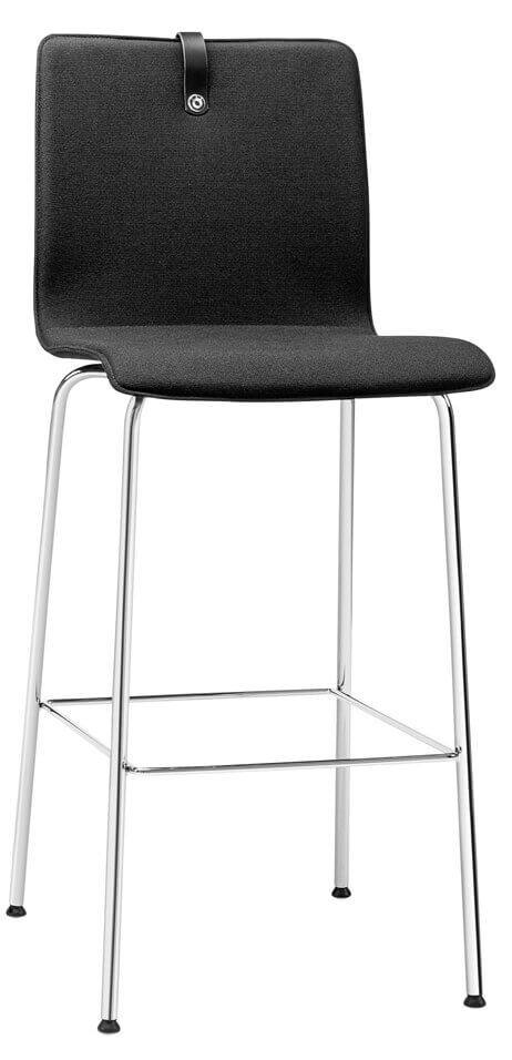 Moderner schwarzer Barhocker mit Metallbeinen und Fußstütze, ideal für ergonomisches Sitzen.