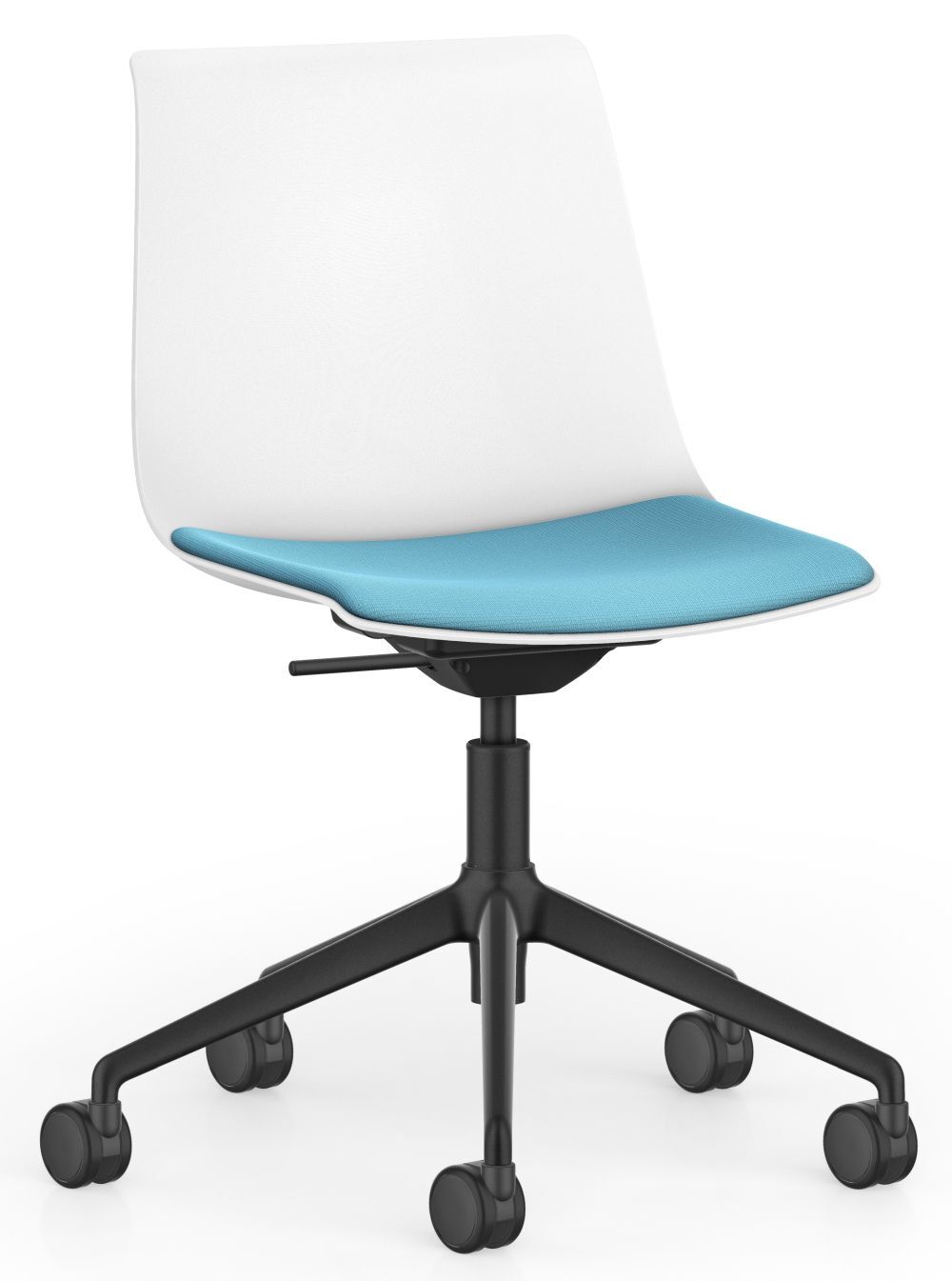 Moderner Bürostuhl mit weißer Rückenlehne, blauer Sitzfläche und schwarzen Rollen für ergonomisches Sitzen.