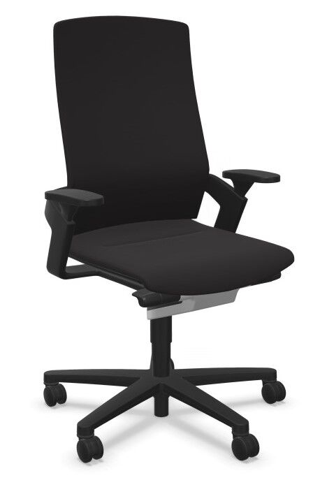Schwarzer ergonomischer Bürostuhl mit verstellbaren Armlehnen und Rollen, ideal für dynamisches und gesundes Sitzen.