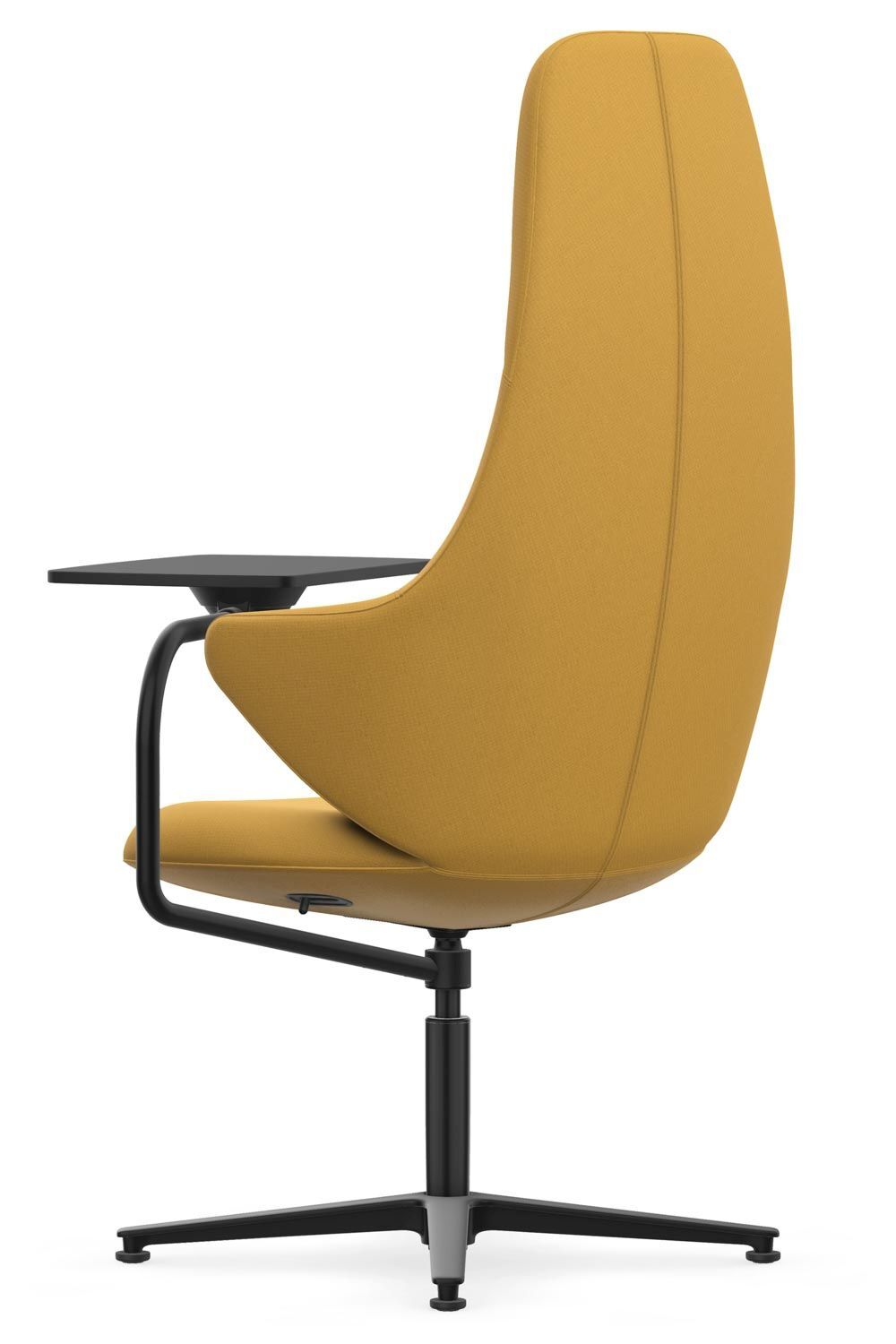 Ergonomischer Bürostuhl in Gelb mit hoher Rückenlehne, schwarzem Metallgestell und Armlehne, Seitenansicht.