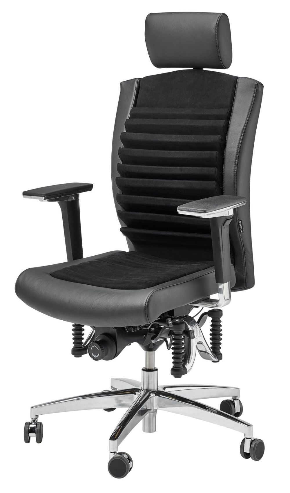 Ergonomischer Bürostuhl mit schwarzem Design, Kopfstütze und Wippmechanik für aktives Sitzen am Arbeitsplatz.