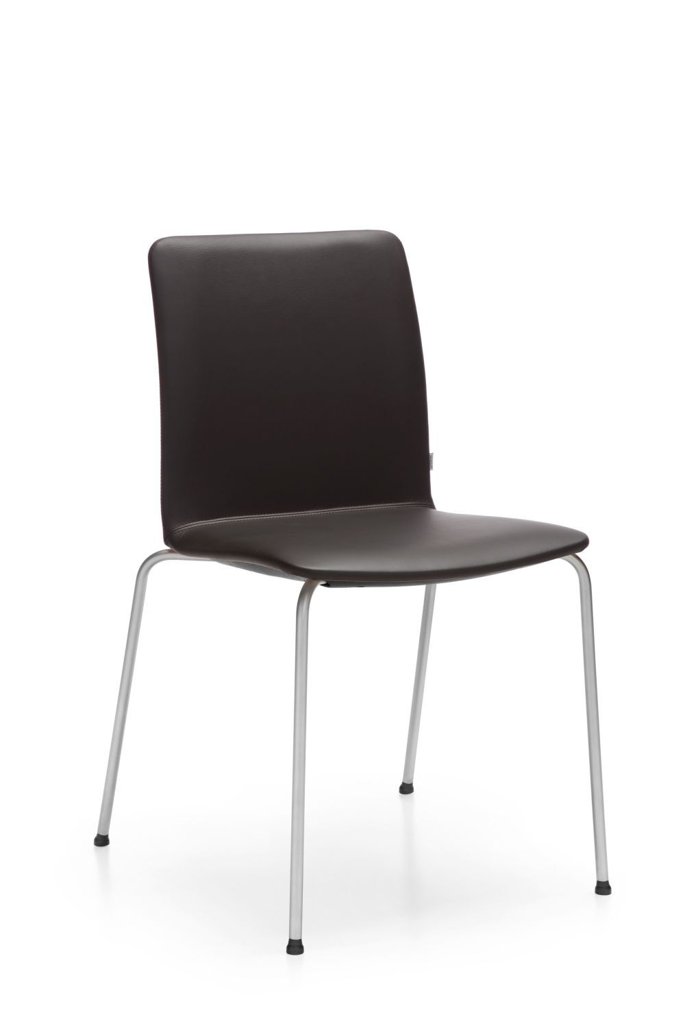 Moderner Stuhl mit braunem Sitz und Rückenlehne, silbernen Metallbeinen, ideal für Büro oder Esszimmer.
