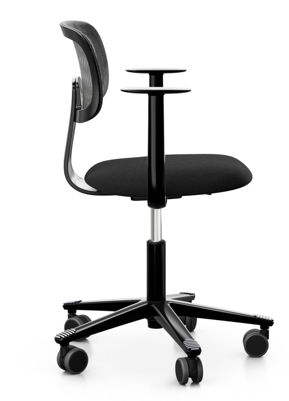 Schwarzer ergonomischer Bürostuhl mit Netzrückenlehne und Rollen, ideal für dynamisches Sitzen und moderne Arbeitsplätze.