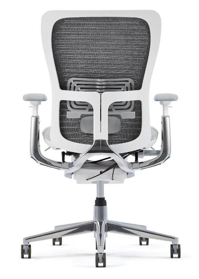 Rückansicht eines ergonomischen Bürostuhls mit Armlehnen und Netzrückenlehne, designed für dynamisches Sitzen.
