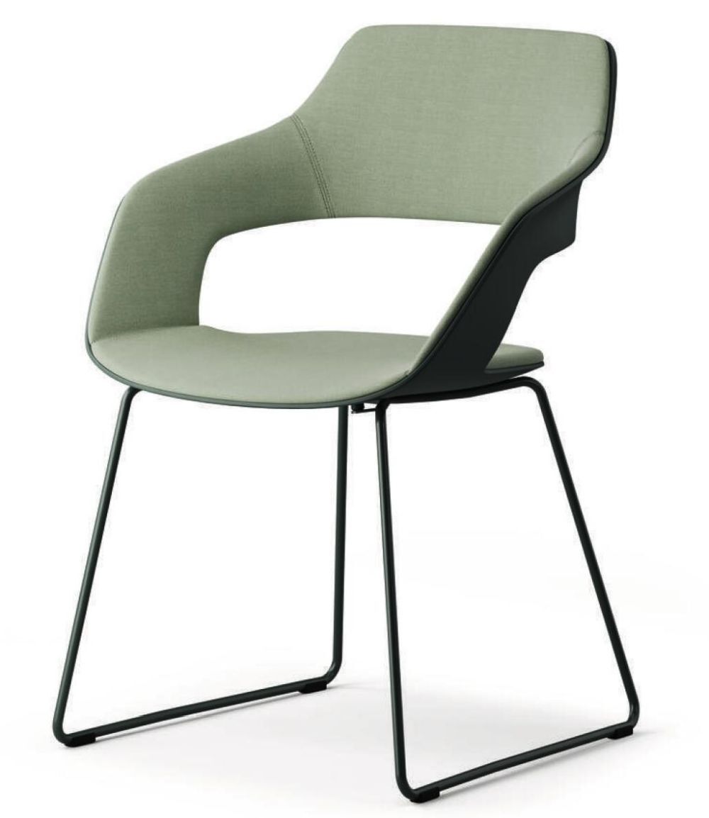 Moderner ergonomischer Stuhl mit grünem Polster und schwarzem Metallgestell für komfortables, dynamisches Sitzen.