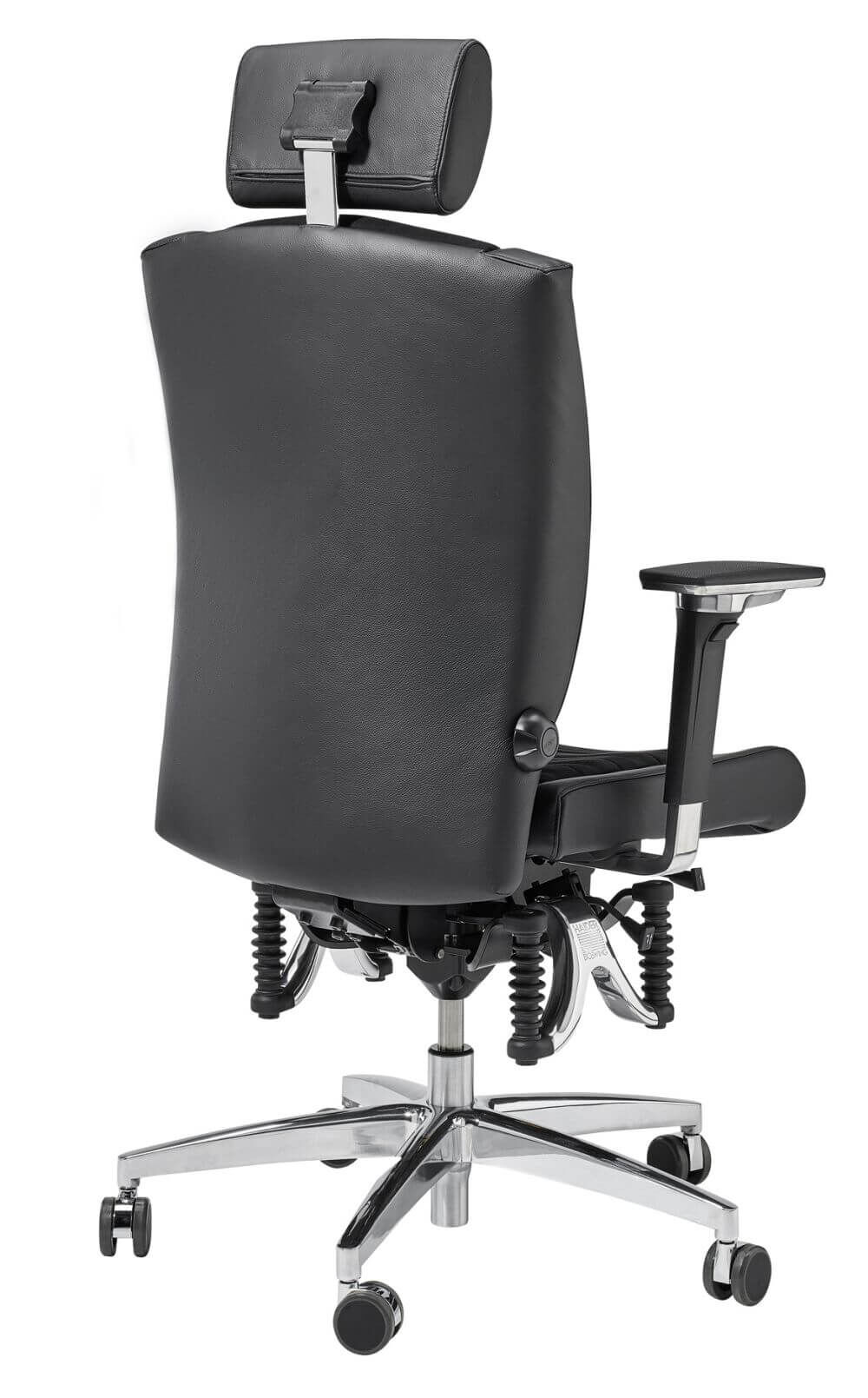 Hochwertiger ergonomischer Bürostuhl von hinten, mit verstellbarer Kopfstütze und Federmechanismus für dynamisches Sitzen.