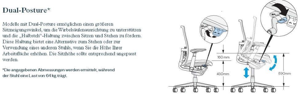Illustration eines ergonomischen Bürostuhls mit Dual-Posture-Funktion und Maßen für dynamisches Sitzen.