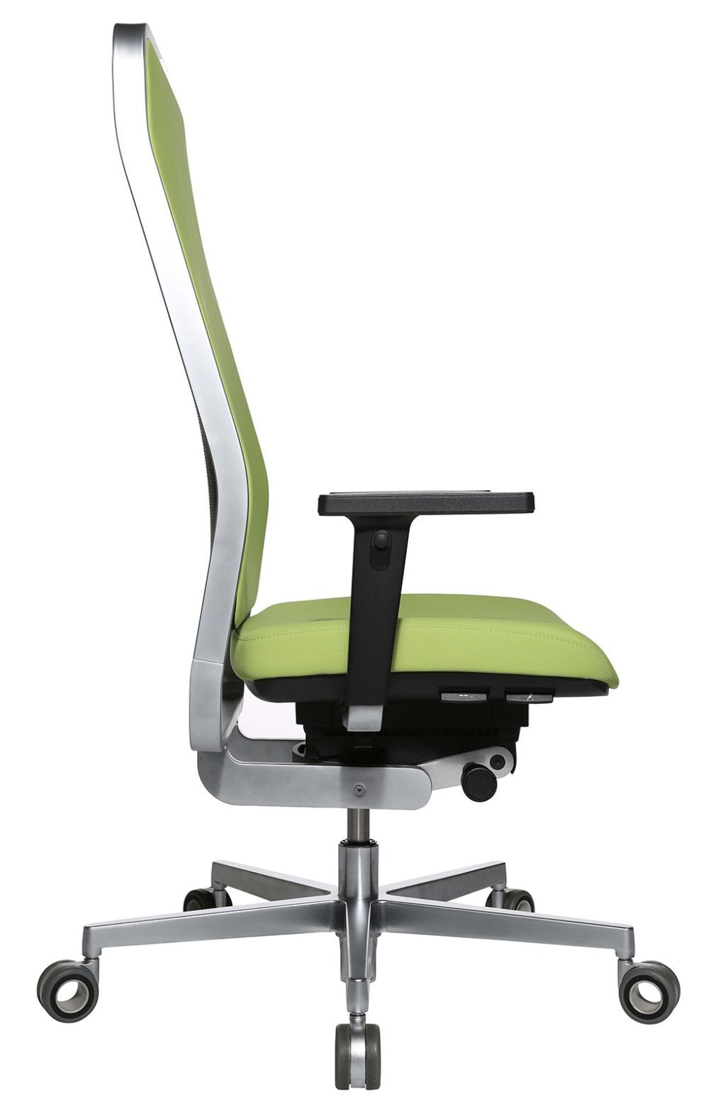 Ergonomischer Bürostuhl in Grün mit verstellbaren Armlehnen und modernem Aluminiumrahmen, Seitenansicht.
