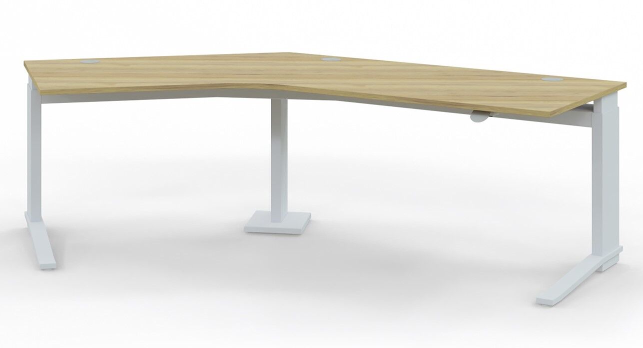 Moderner rechteckiger Schreibtisch mit hellem Holzdesign und weißen Metallbeinen, ideal für ergonomisches Arbeiten.