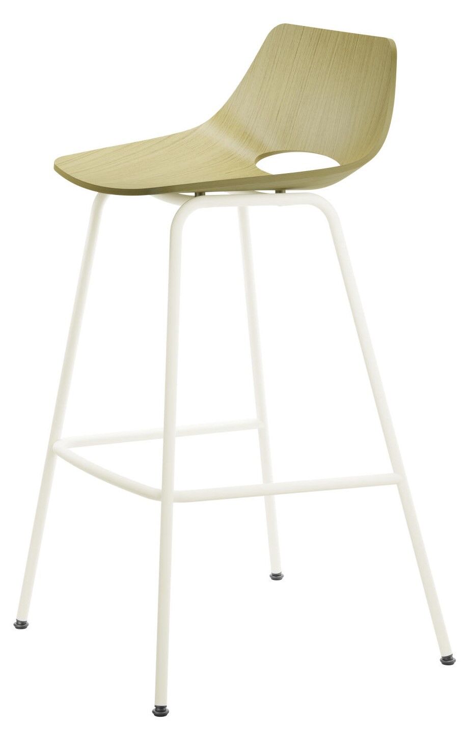 Moderner Barhocker mit hellem Holzsitz und weißem Metallgestell, ideal für stilvolle Büroumgebungen.