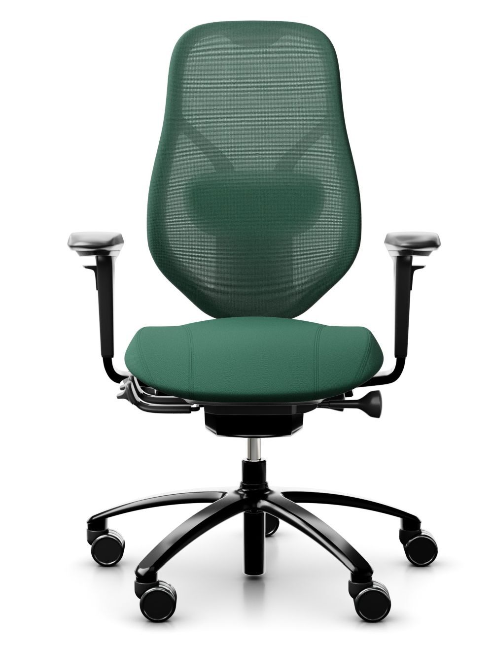 Ergonomischer Bürostuhl in Dunkelgrün mit Netzrückenlehne und verstellbaren Armlehnen auf Rollen.