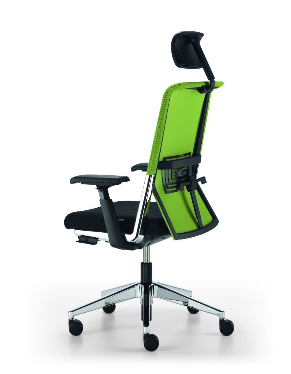 Ergonomischer Bürostuhl mit grüner Rückenlehne, verstellbaren Armlehnen und Kopfstütze auf Rollenbasis.