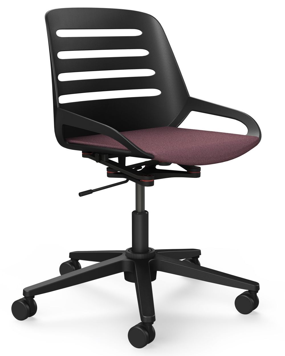 Moderner ergonomischer Bürostuhl mit schwarzer Rückenlehne und weinrotem Sitzpolster auf Rollen.