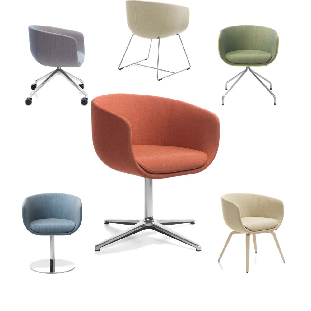 Sechs ergonomische Bürostühle in verschiedenen Farben und Gestellen, zeigen stilvolles Design und Funktionalität.