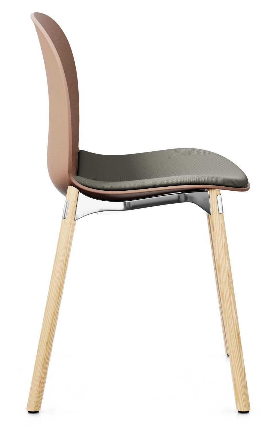 Ergonomischer Stuhl mit Holzbeinen, brauner Rückenlehne und grauer Sitzfläche, ideal für komfortables Sitzen.