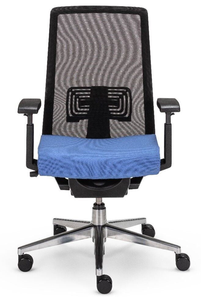 Ergonomischer Bürostuhl mit blauer Sitzfläche, verstellbaren Armlehnen und Netzrückenlehne für dynamisches Sitzen.