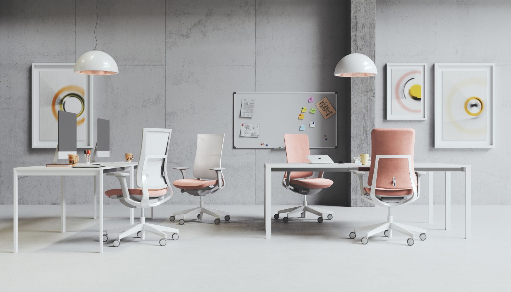 Moderner Büroraum mit ergonomischen Stühlen, Schreibtischen und Computern, betont Dynamik und Komfort im Arbeitsbereich.