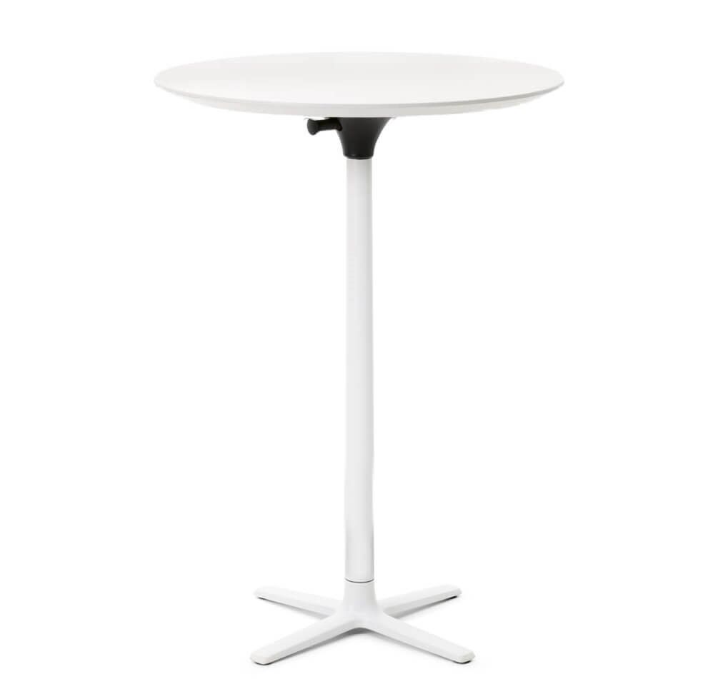 Runder weißer Stehtisch mit höhenverstellbarem Fußgestell und modernem Design, ideal für ergonomische Arbeitsräume.