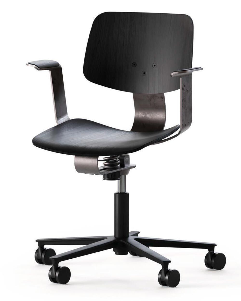 Moderner ergonomischer Bürostuhl mit schwarzem Holzdesign, verstellbaren Armlehnen und fünf Rollen für dynamisches Sitzen.