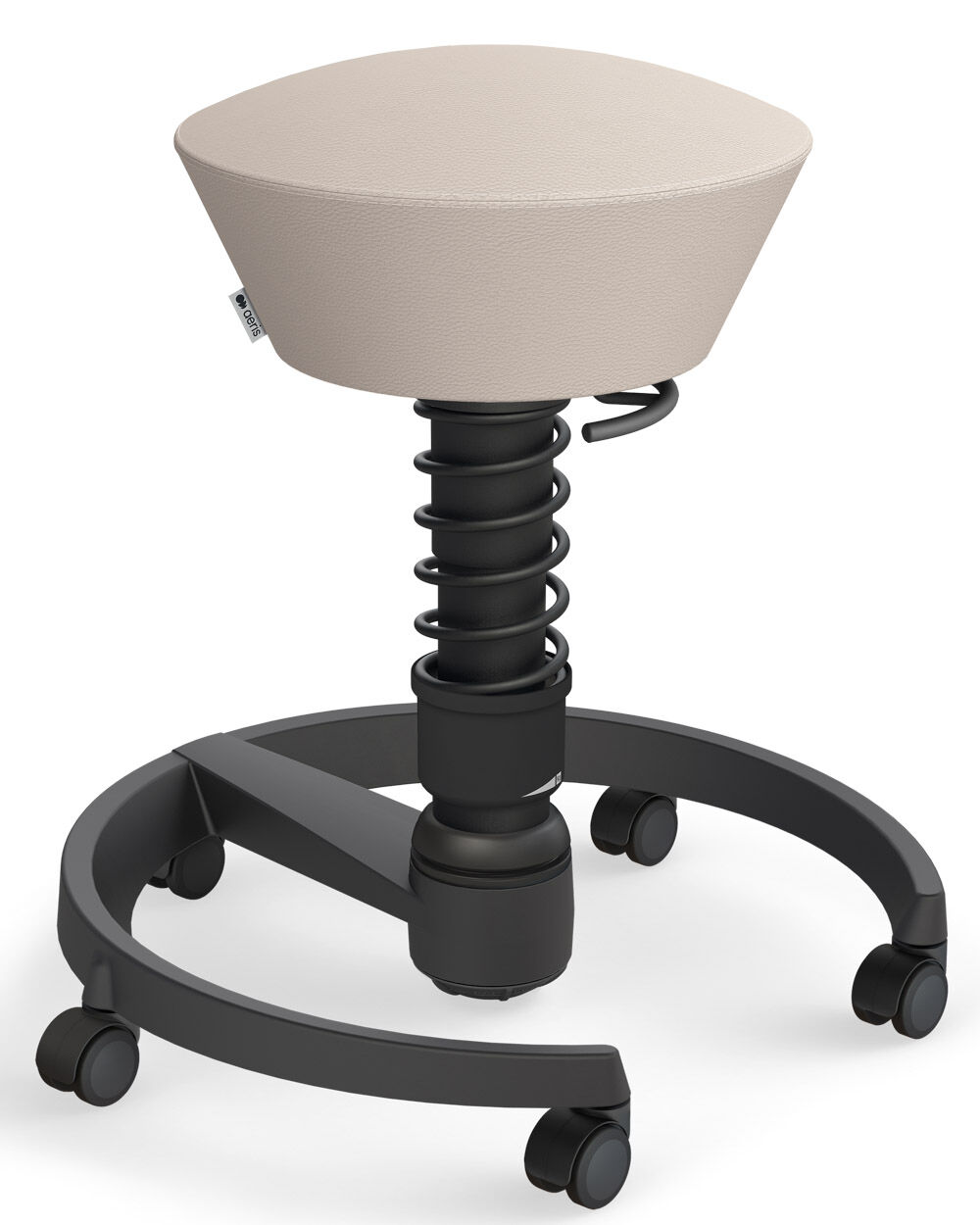 Ergonomischer Hocker mit beigegepolsterter Sitzfläche, schwarzer Federstütze und Rollen für dynamisches Sitzen.