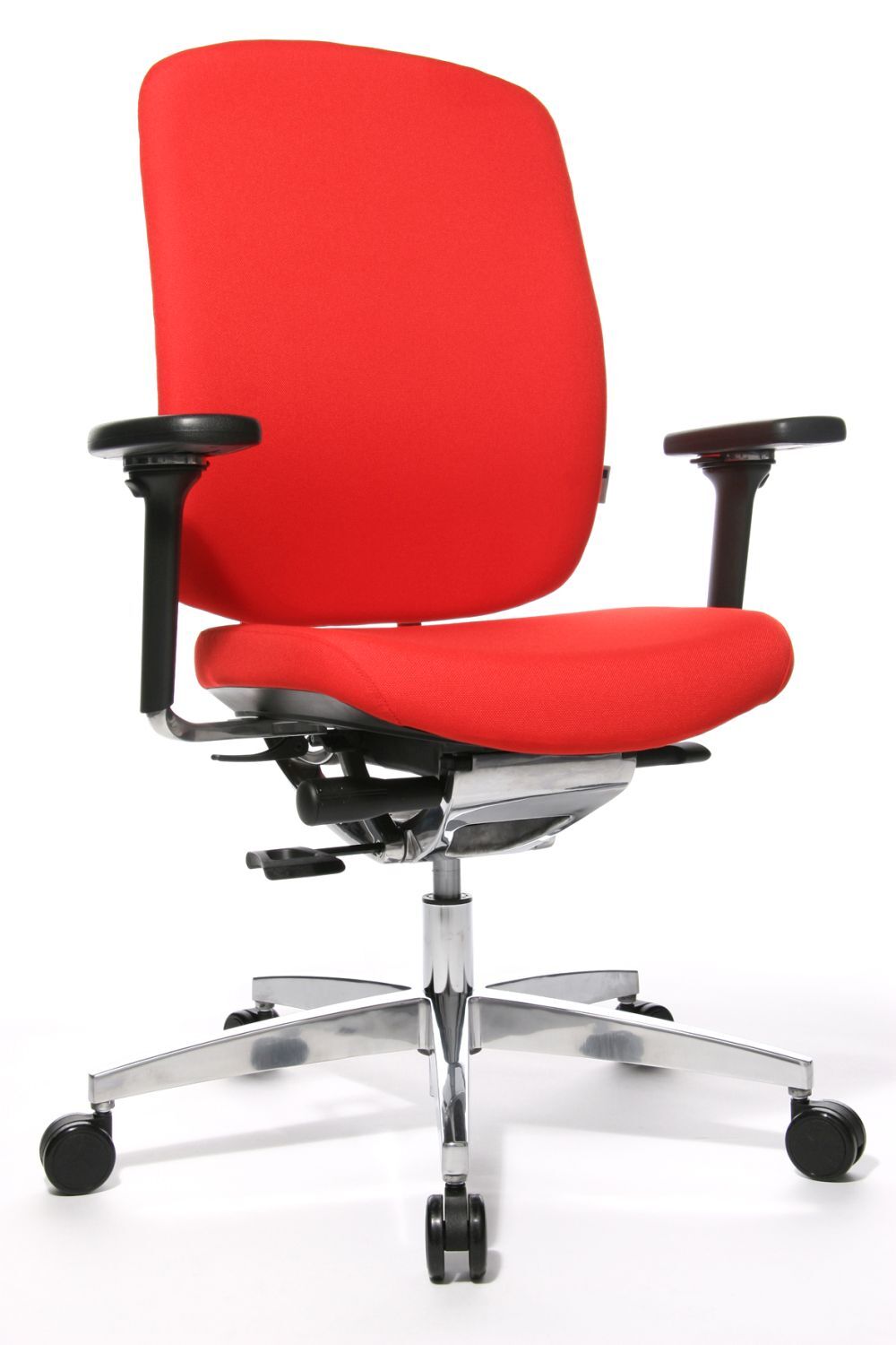 Ergonomischer Bürostuhl in leuchtendem Rot mit verstellbaren Armlehnen und stabilem, verchromtem Fußgestell.