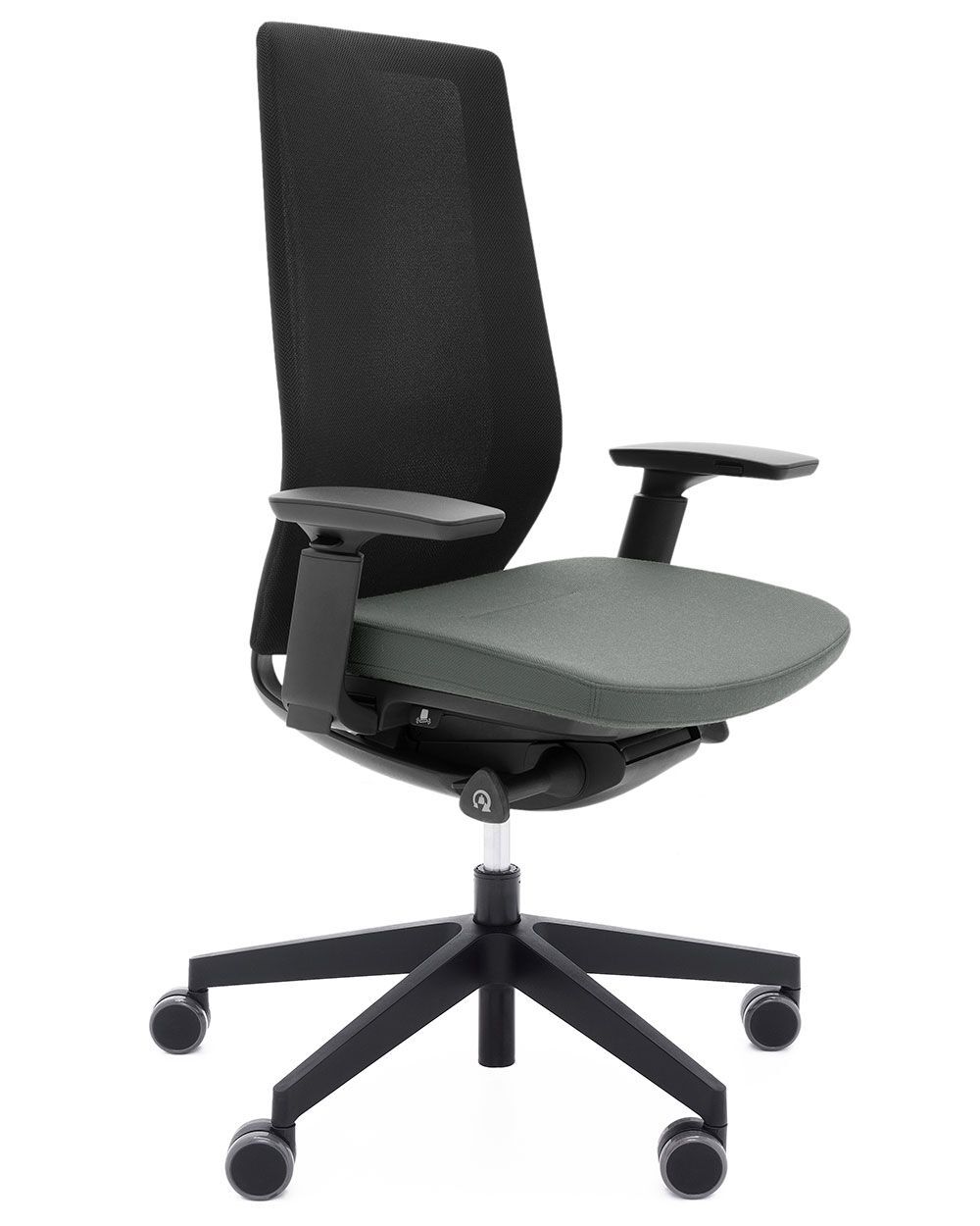 Ergonomischer Bürostuhl mit schwarzer Lehne, grauem Sitz und verstellbaren Armlehnen auf Rollen.