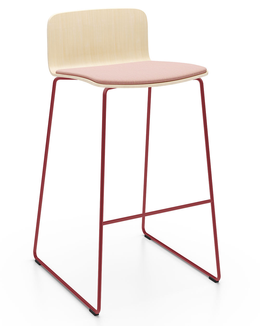 Ergonomischer Barhocker mit rosa Sitzfläche, hellem Holzrücken und roten Metallbeinen für dynamisches Sitzen.