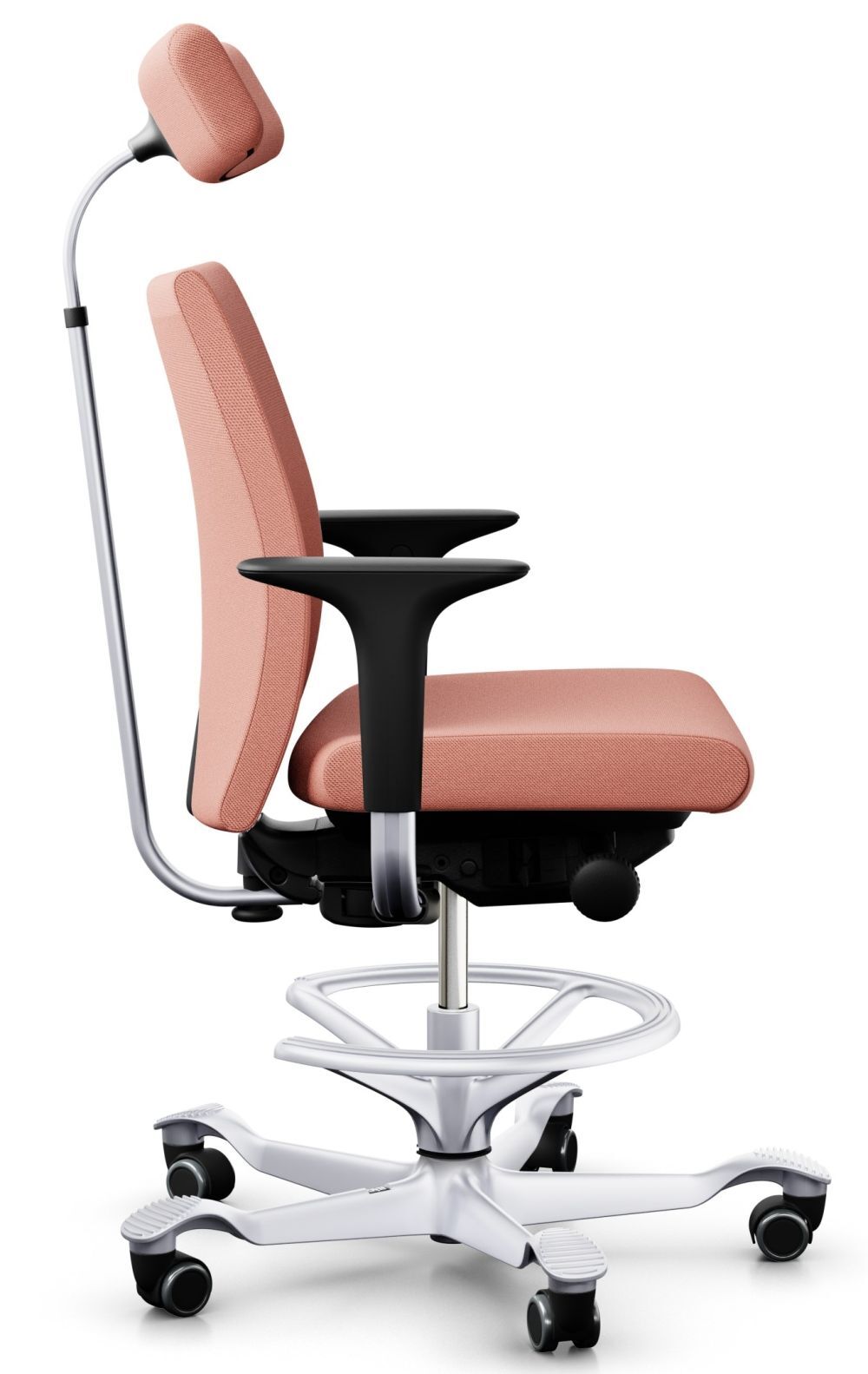 Ergonomischer Bürostuhl in Rosa mit verstellbarer Kopfstütze und Lehne, moderne Metallrollenbasis.