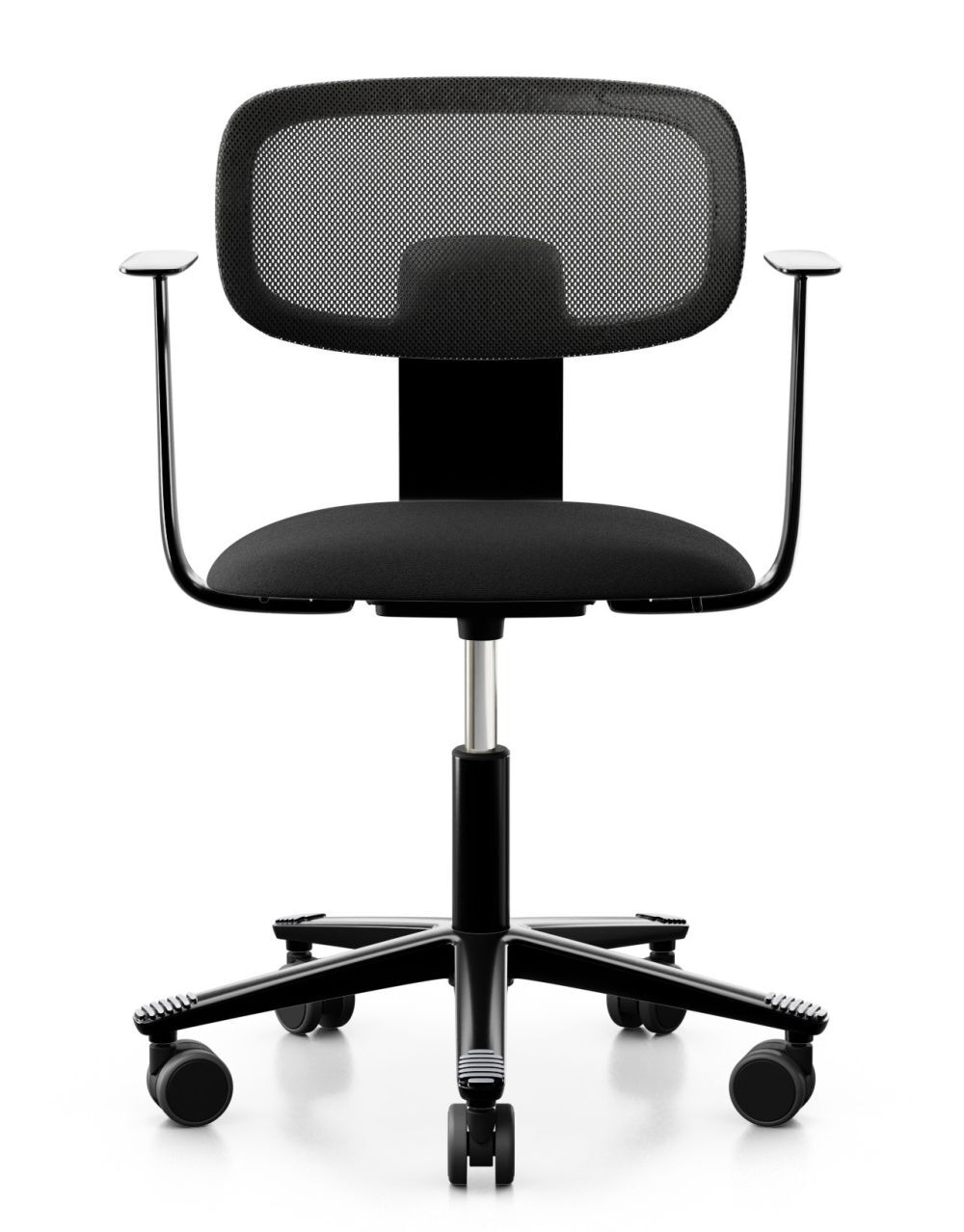 Moderner schwarzer Bürostuhl mit Netzrückenlehne und Armlehnen, ideal für ergonomisches, gesundes Sitzen.